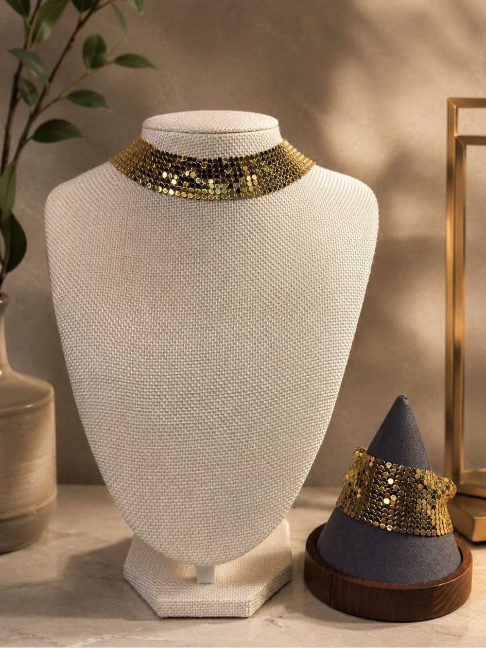 Vintage Givenchy Shimmering Gold Mesh Choker Necklace and bracelet set